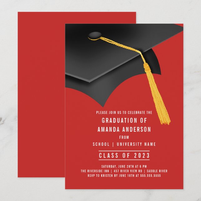 Grad Cap Red Graduation Party Invitation (Front/Back)