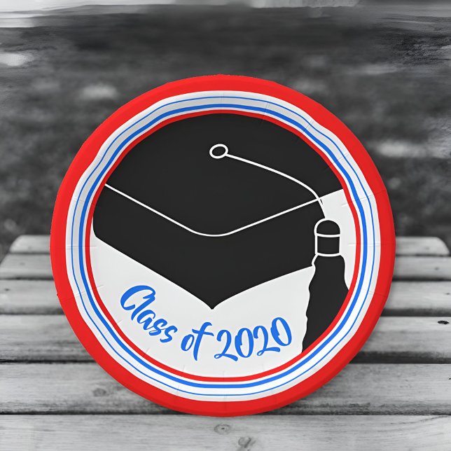 Grad Cap Red White and Blue Class Year Paper Plate (Creator Uploaded)