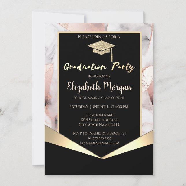 Grad Cap,Rose Gold Geometric Marble Graduation  Invitation (Front)