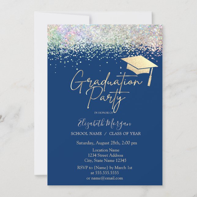 Grad Cap Tassel Colourful Confetti Blue Graduation Invitation (Front)