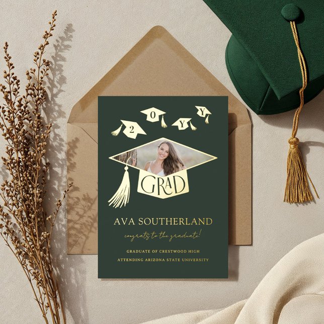 Grad Cap Tassel Photo Graduation Foil Announcement (Grad Cap Tassel Photo Graduation Foil Announcement)