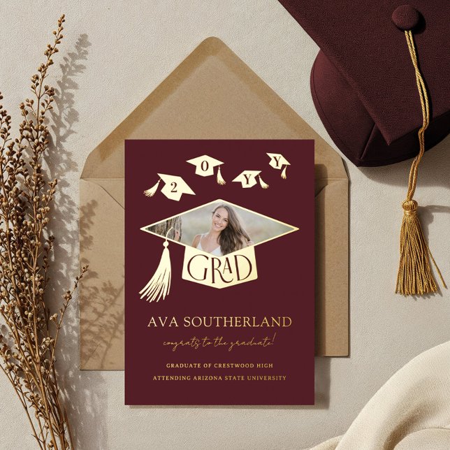 Grad Cap Tassel Photo Graduation Foil Announcement (Grad Cap Tassel Photo Graduation Foil Announcement)