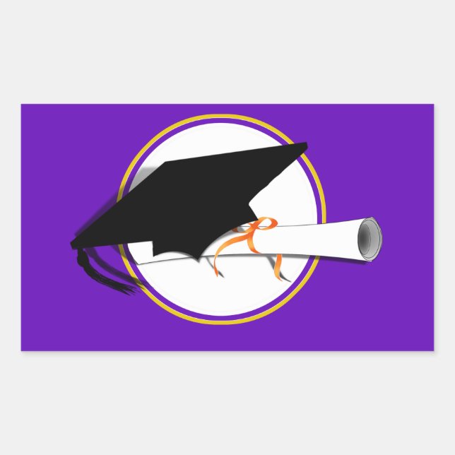 Grad Cap Tilt w/ School Colours Purple And Gold Rectangular Sticker (Front)