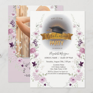 Grad Cap,Wildflowers Photo Lilac Graduation Invitation