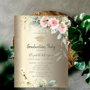 Grad Cap,Wine Glass,Boho Flowers Graduation Invitation