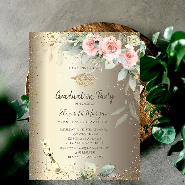 Grad Cap,Wine Glass,Boho Flowers Graduation Invitation (Creator Uploaded)
