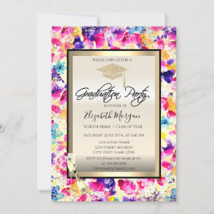 Grad Cap,Wine Glass,Confetti Flowers Graduation Invitation
