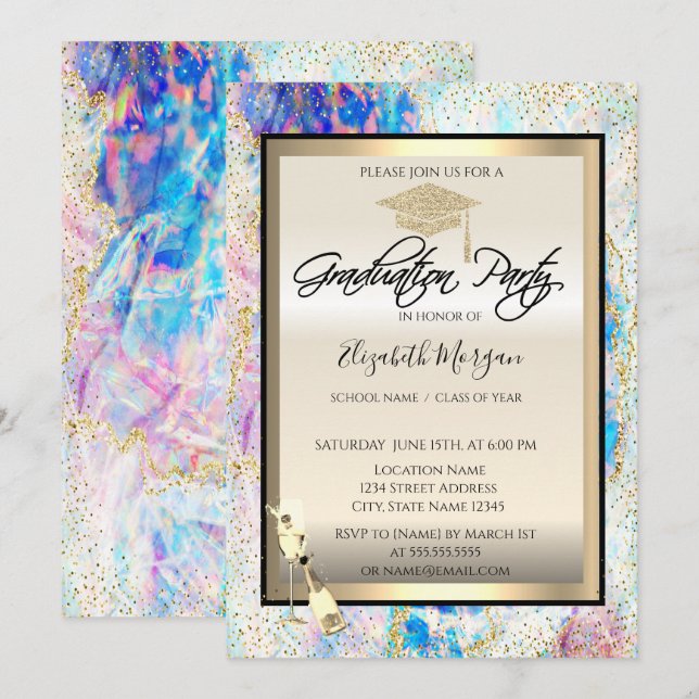 Grad Cap,Wine Glass,Confetti Opal Holographic Invitation (Front/Back)