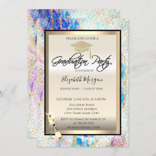 Grad Cap,Wine Glass,Confetti Opal Holographic Invitation