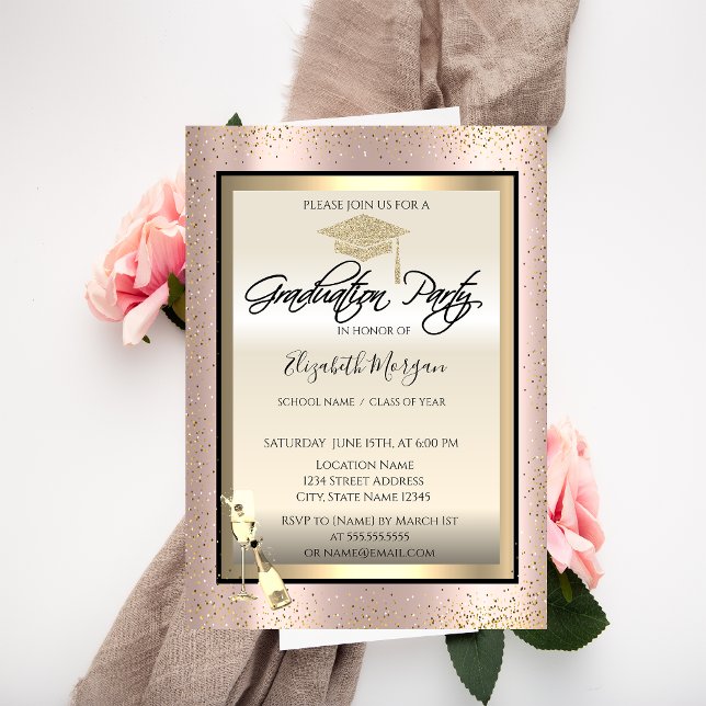 Grad Cap,Wine Glass,Confetti Rose Gold Graduation Invitation (Creator Uploaded)