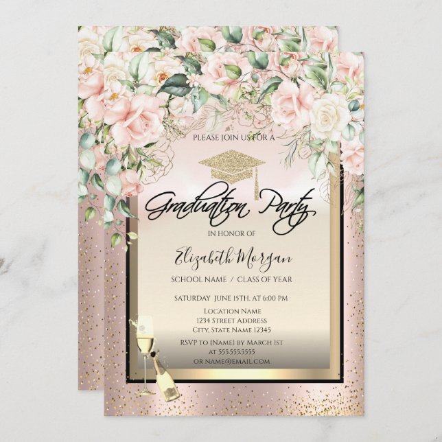 Grad Cap,Wine Glass,Confetti Roses Graduation Invitation (Front/Back)