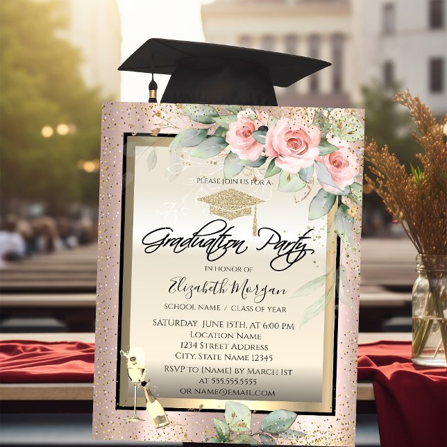 Grad Cap,Wine Glass,Flowers Rose Gold Graduation Invitation (Creator Uploaded)