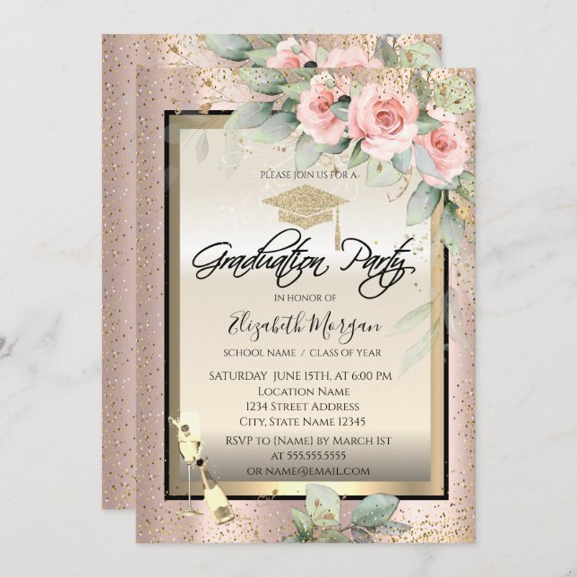 Grad Cap,Wine Glass,Flowers Rose Gold Graduation Invitation (Front/Back)