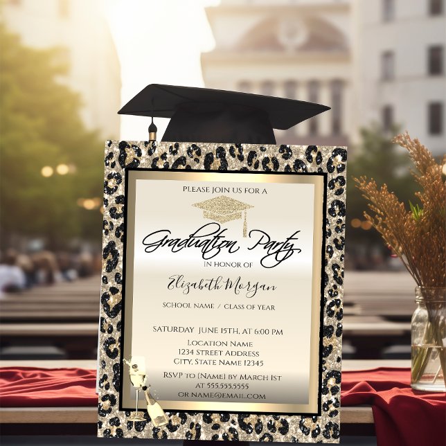 Grad Cap,Wine Glass Glitter Leopard Print  Invitation (Creator Uploaded)