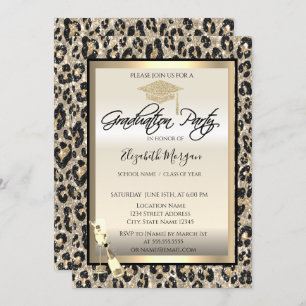 Grad Cap,Wine Glass Glitter Leopard Print  Invitation