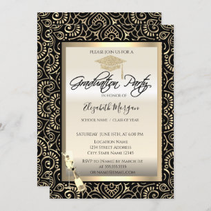 Grad Cap,Wine Glass Gold Mandala  Graduation  Invitation
