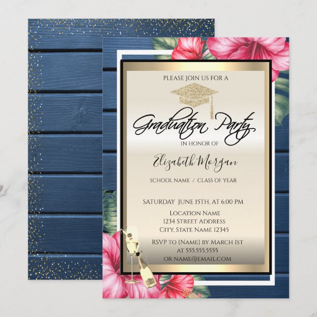 Grad Cap,Wine Glass,Hibiscus Blue Wood Graduation  Invitation (Front/Back)
