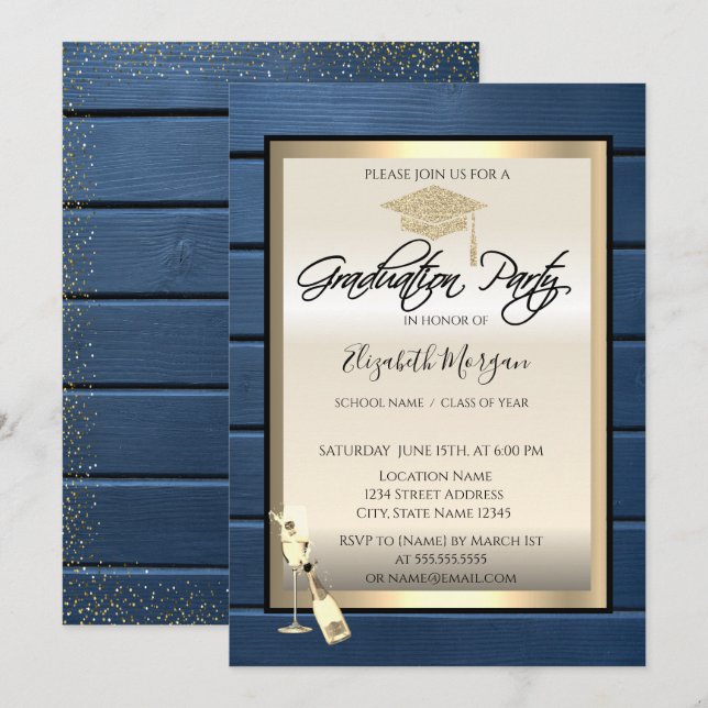 Grad Cap,Wine Glass,Navy Blue Wood Graduation  Invitation (Front/Back)