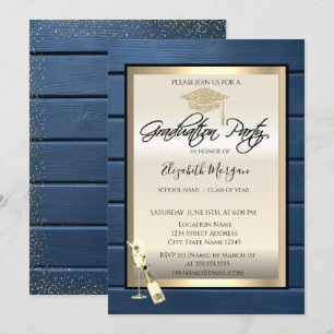 Grad Cap,Wine Glass,Navy Blue Wood Graduation  Invitation