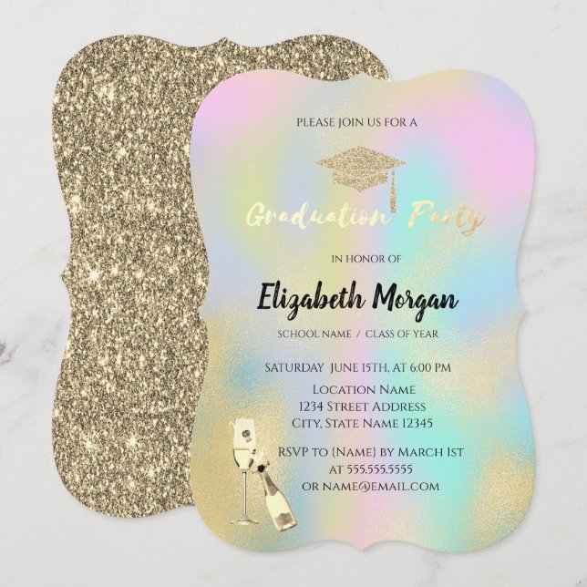  Grad Cap,Wine Glass Stars Holographic Graduation Invitation (Front/Back)