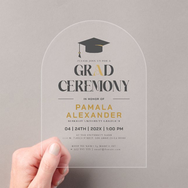 Grad Ceremony Gold and Gray Retro Typography Acrylic Invitations (Insitu (Handheld))