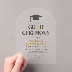 Grad Ceremony Gold and Grey Retro Typography Acrylic Invitations