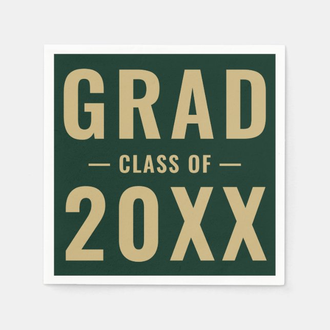 Grad class of 2023 dark green and gold typography napkin (Front)