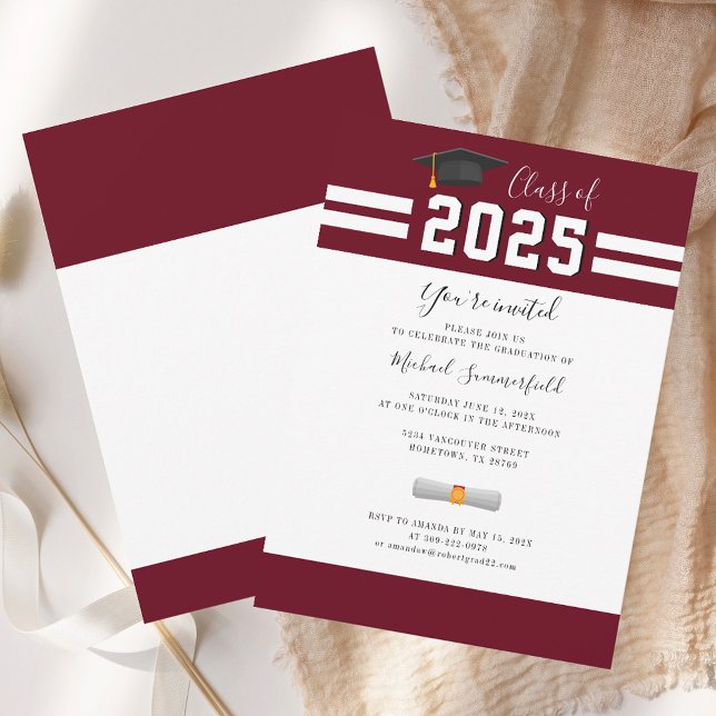Grad Class of 2024 Burgundy White Graduation Party Invitation (Grad Class of 2025 Graduation Party Burgundy Invitation)