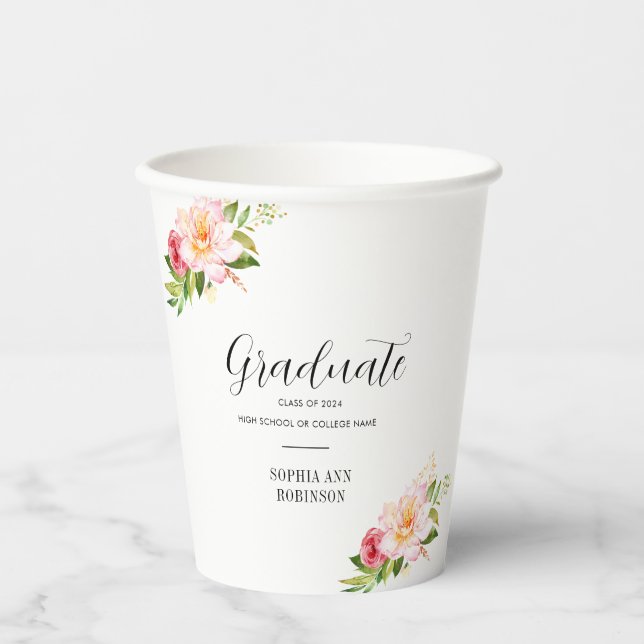 Grad Class of 2024 Floral Graduation Party  Paper Cups (Front)