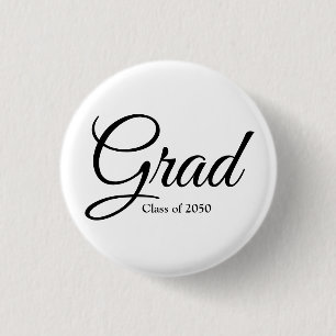 Grad class of 2024 white black custom script text 3 cm round badge