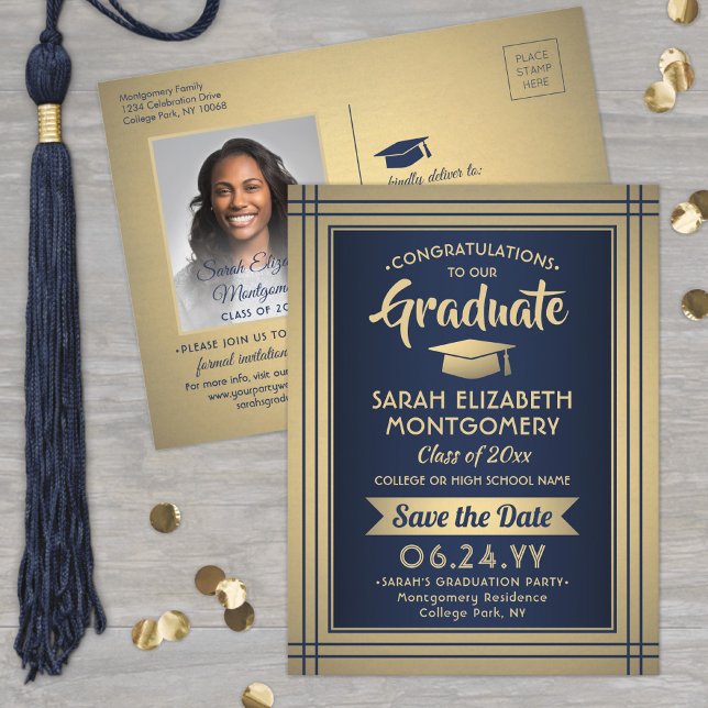 Grad Congrats Navy Blue & Gold Save the Date Photo Announcement Postcard (Creator Uploaded)