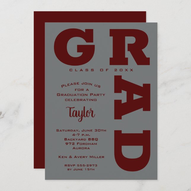 GRAD Dark Maroon on Grey Graduation Invitation (Front/Back)