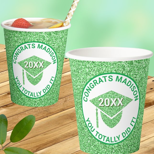 Grad Glam Green Cap Chic Elegant School Party Paper Cups (Creator Uploaded)