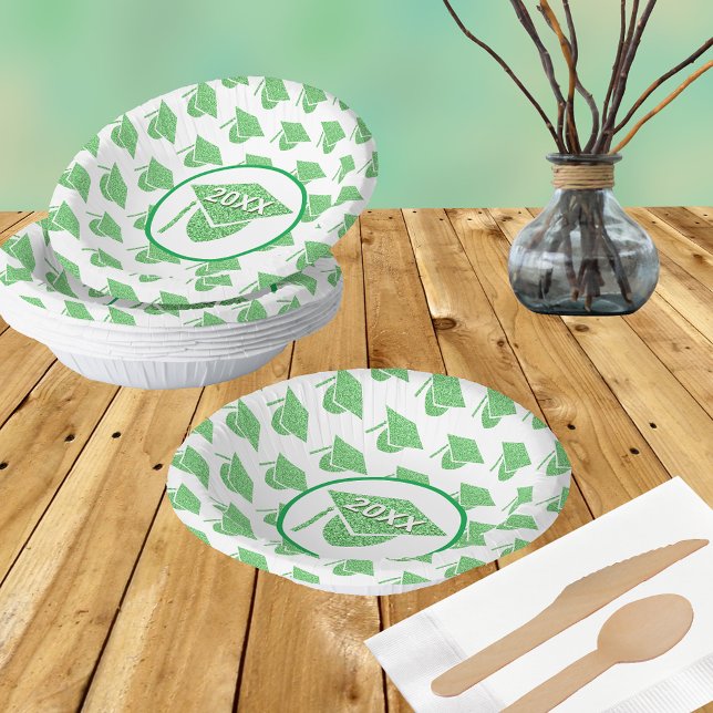Grad Glam Green Cap Chic School Colours Pattern Paper Plate (Creator Uploaded)