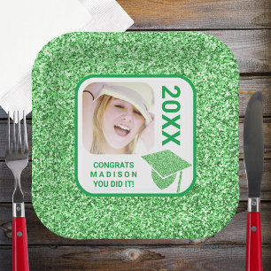 Grad Glam Green Cap Elegant Cool Photo Party Paper Plate