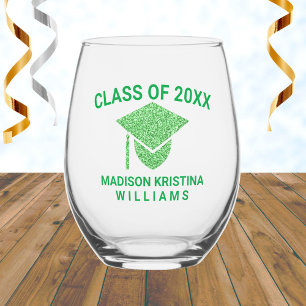 Grad Glam Green Cap Name Class Of Graduation Stemless Wine Glass
