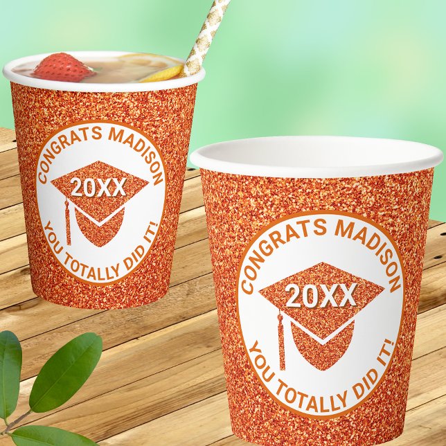 Grad Glam Orange Cap Chic Elegant School Party Paper Cups (Creator Uploaded)