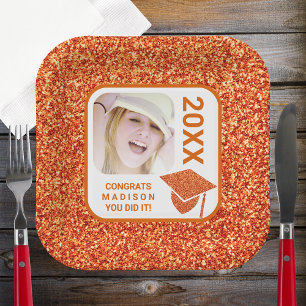 Grad Glam Orange Cap Elegant Cool Photo Party Paper Plate