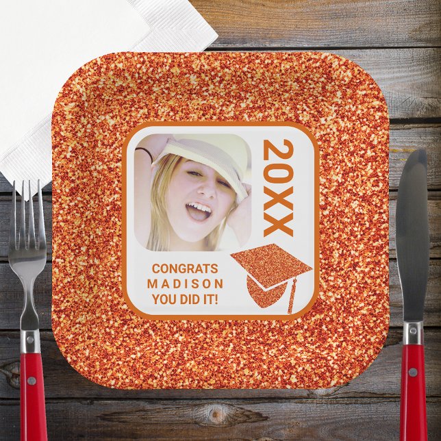Grad Glam Orange Cap Elegant Cool Photo Party Paper Plate (Creator Uploaded)