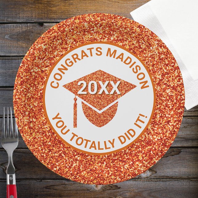 Grad Glam Orange Cap Elegant Graduation Party Paper Plate (Creator Uploaded)