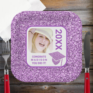 Grad Glam Purple Cap Elegant Cool Photo Party Paper Plate