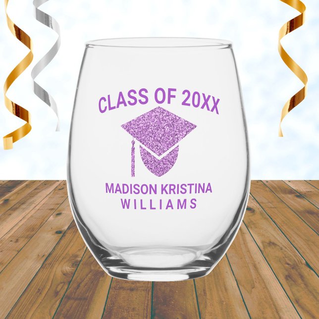 Grad Glam Purple Cap Name Class Of Graduation Stemless Wine Glass (Creator Uploaded)