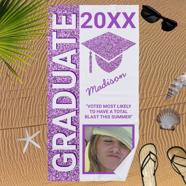 Grad Glam Purple Cap Summer Photo Typography Beach Towel (Creator Uploaded)