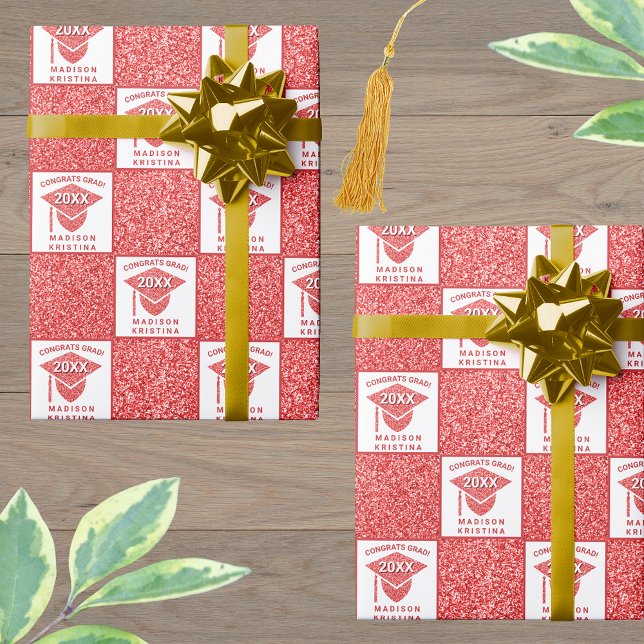 Grad Glam Red Cap Celebration Graduation Wrapping Paper (Creator Uploaded)