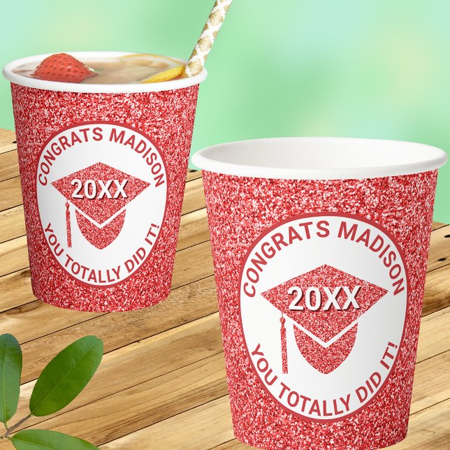 Grad Glam Red Cap Chic Elegant School Party Paper Cups (Creator Uploaded)