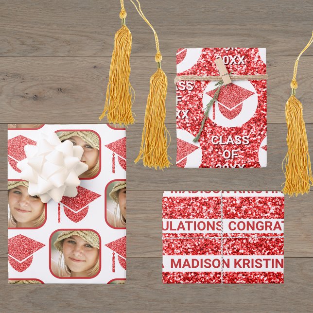Grad Glam Red Cap Modern Assorted Celebrate Wrapping Paper Sheet (Creator Uploaded)