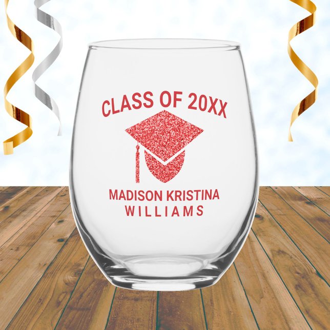 Grad Glam Red Cap Name Class Of Graduation Stemless Wine Glass (Creator Uploaded)