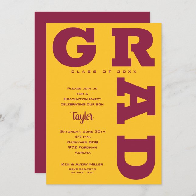 GRAD Gold and Maroon Graduation Invitation (Front/Back)