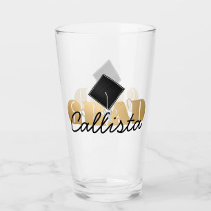 Grad Gold Black Graduation Cap Monogram Name Glass