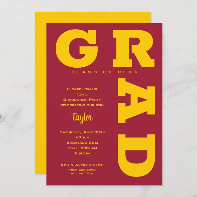GRAD Gold on Crimson Graduation Invitation (Front/Back)